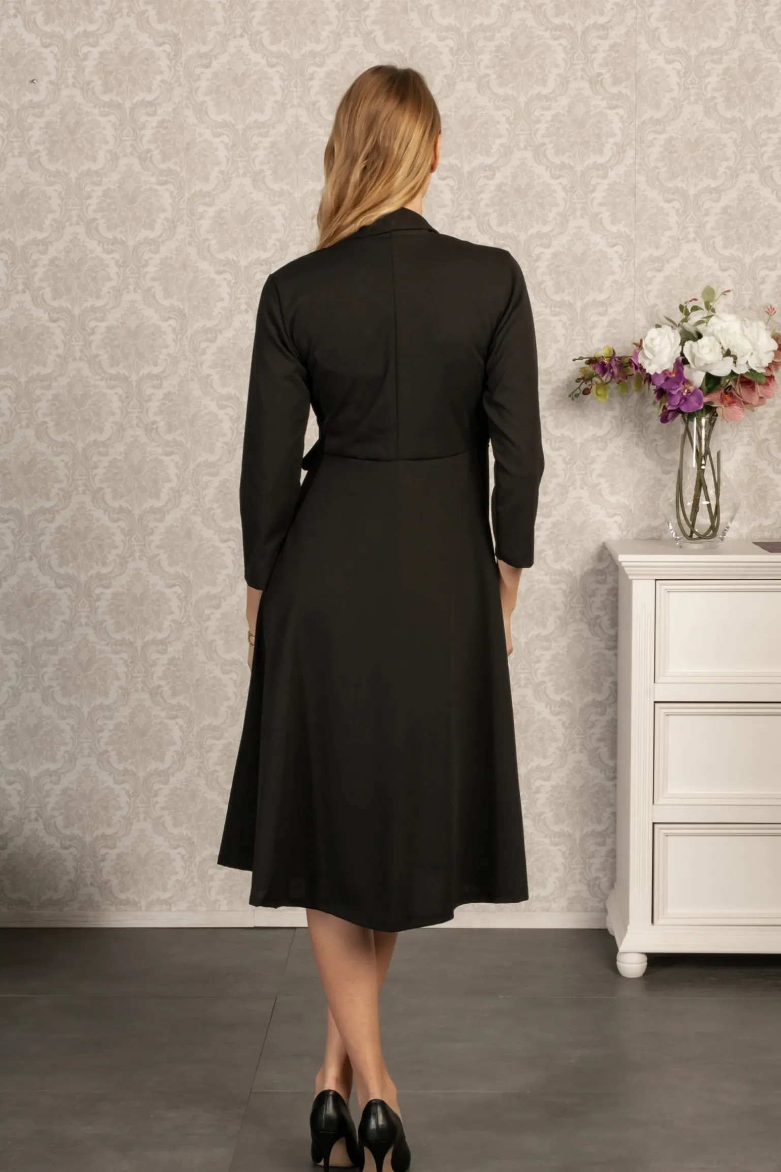 Abito elegante ad incrocio con maniche 3/4 Imogena, nero