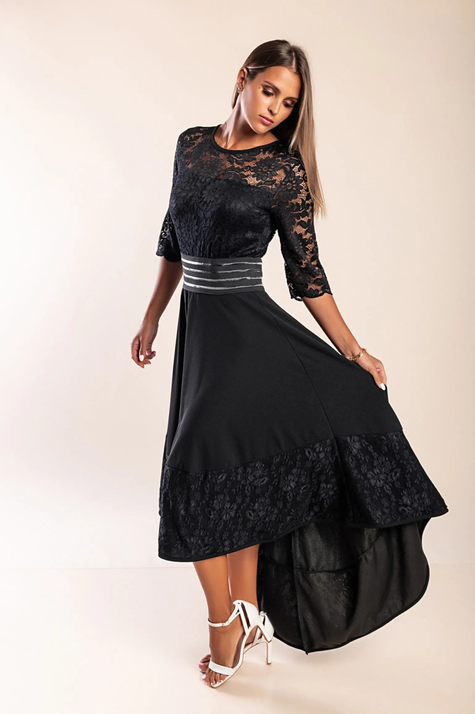 Abito elegante con pizzo Bianca, nero