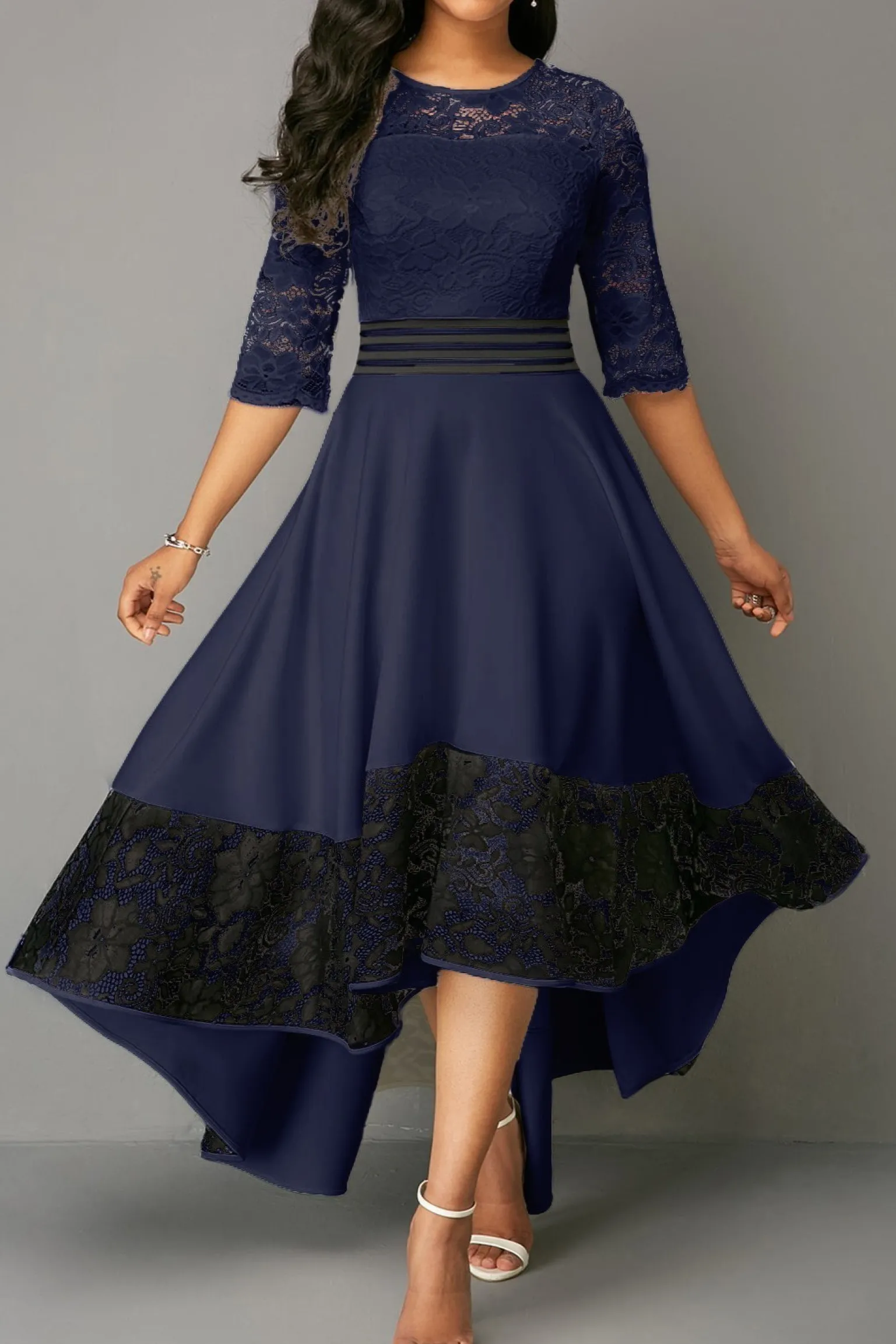 Abito elegante con pizzo Bianca, blu scuro