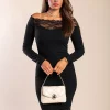 Abito elegante midi a maniche lunghe con dettaglio in pizzo trasparente Avignon, nero