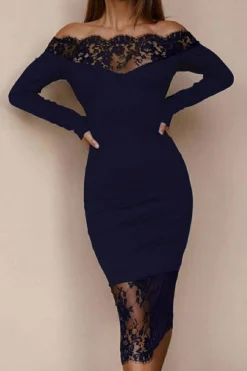 Abito elegante midi a maniche lunghe con dettaglio in pizzo trasparente Avignon, blu scuro