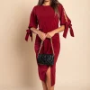 Abito elegante midi con scollo rotondo, maniche 3/4 con spacco e perline decorative Peppina, bordeaux