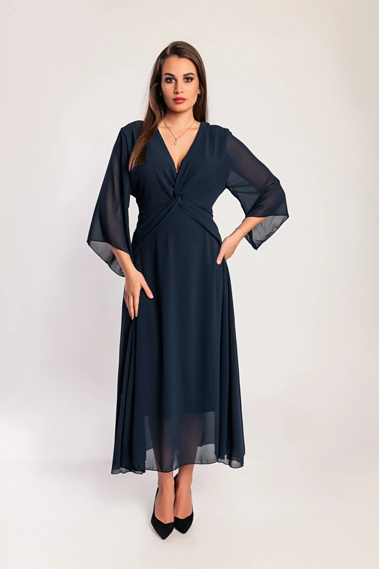 Abito lungo con scollo a V, blu scuro