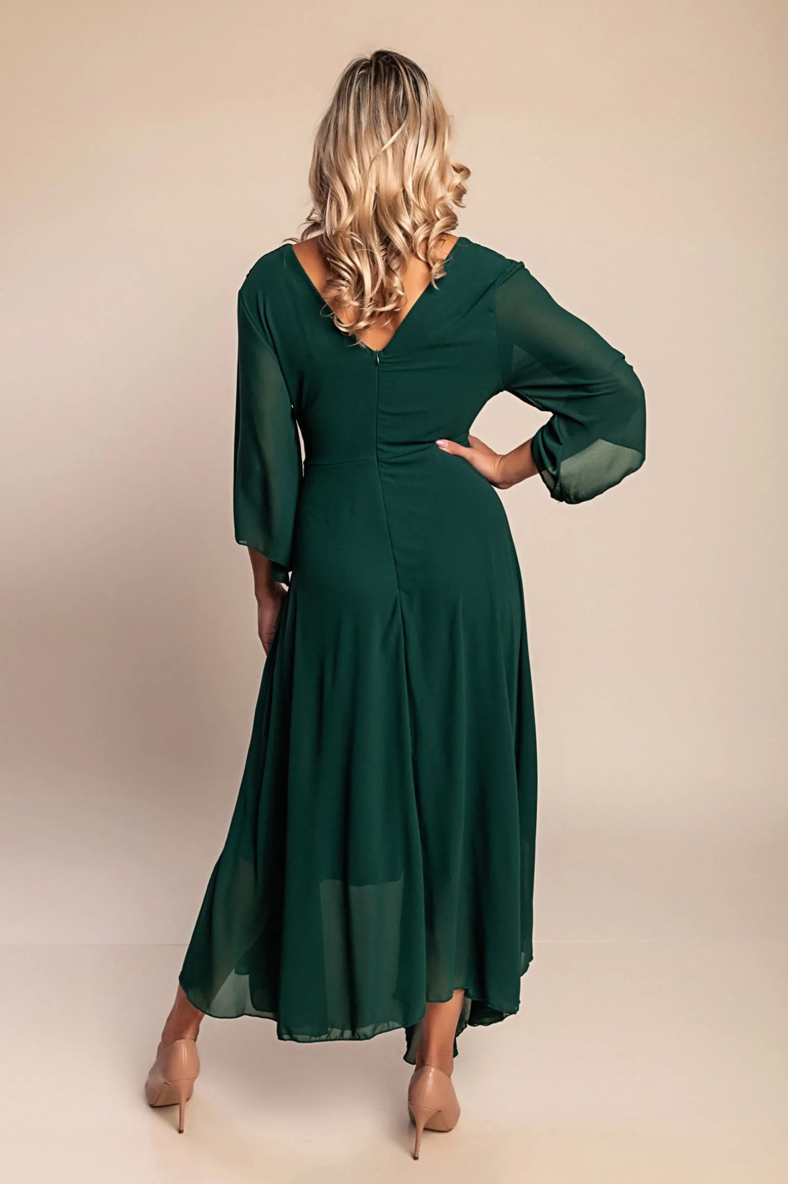Abito lungo con scollo a V, verde scuro