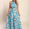 Abito lungo con stampa floreale, azzurro