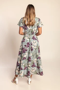 Abito lungo con stampa floreale, verde oliva chiaro