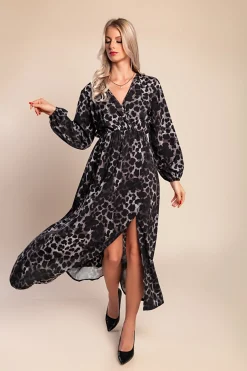 Abito lungo con stampa leopardata, grigio