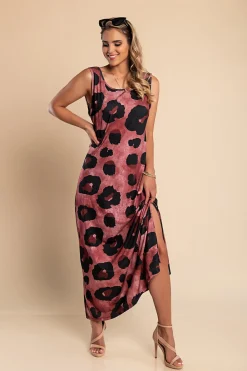 Abito lungo con stampa leopardata, bordeaux