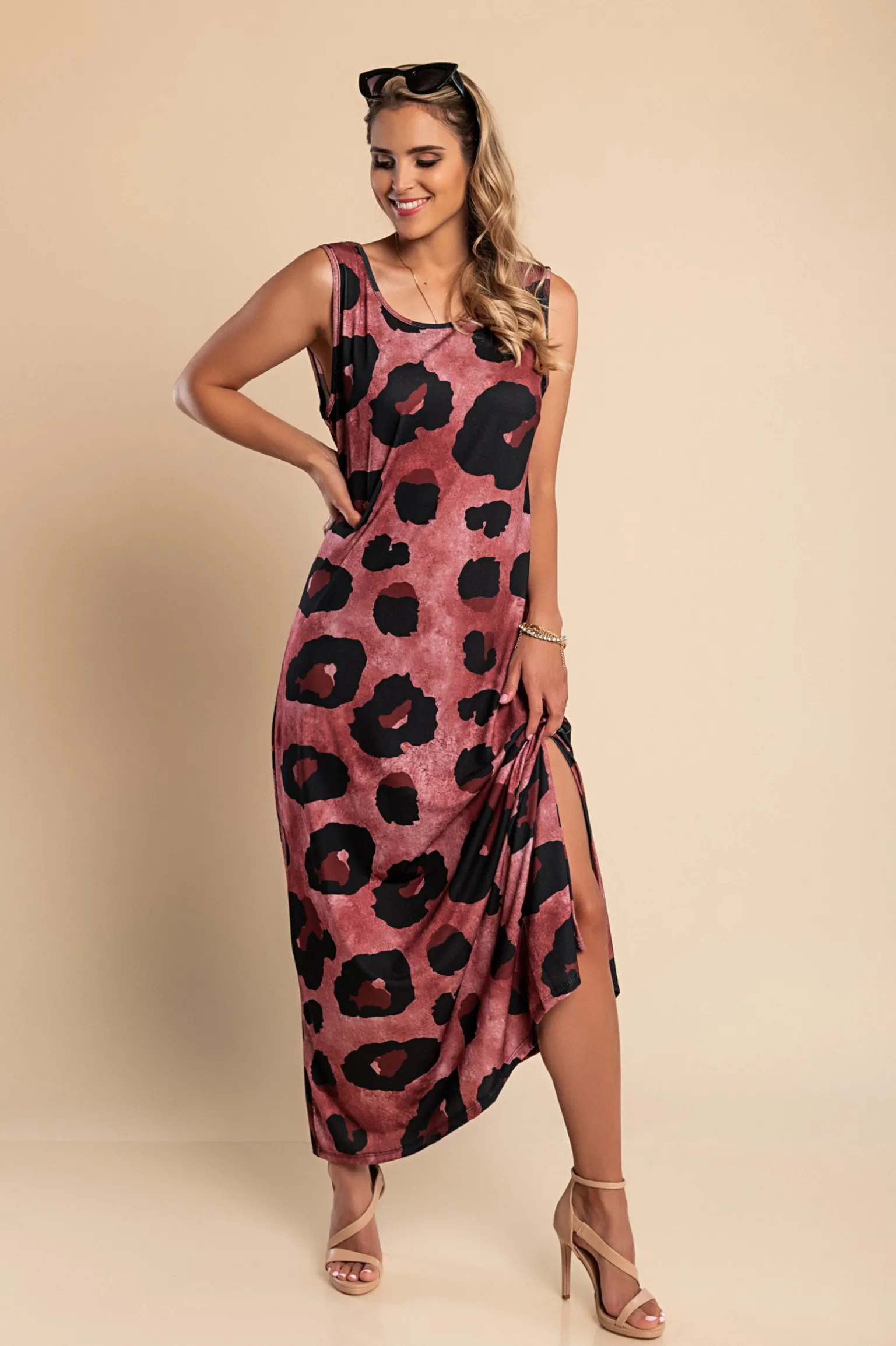 Abito lungo con stampa leopardata, bordeaux