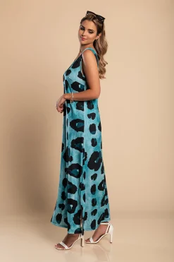 Abito lungo con stampa leopardata, blu