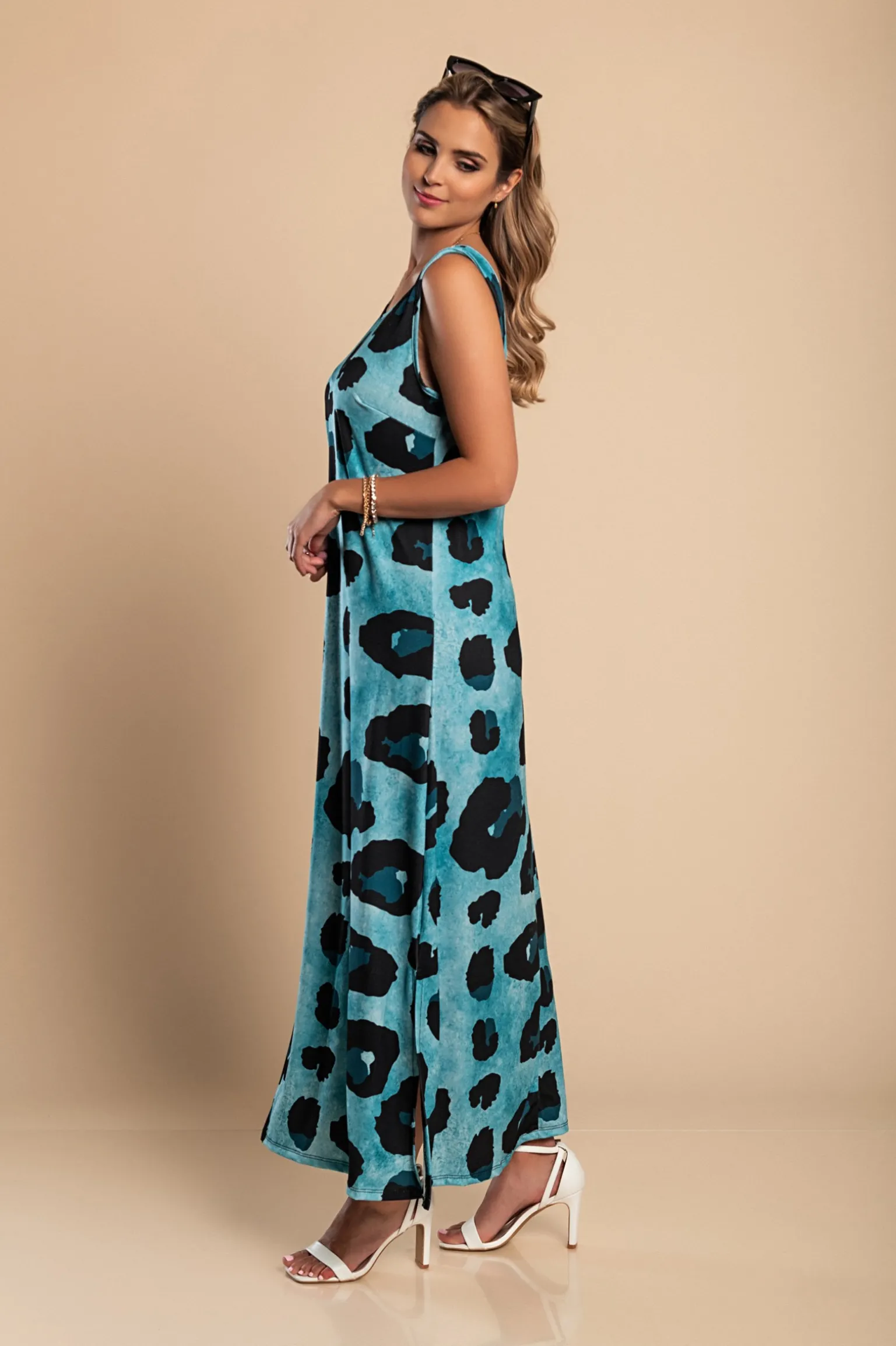 Abito lungo con stampa leopardata, blu
