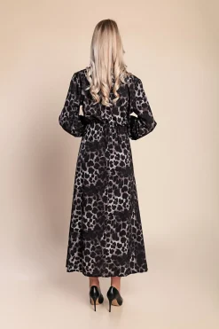 Abito lungo con stampa leopardata, grigio