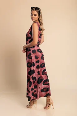 Abito lungo con stampa leopardata, bordeaux