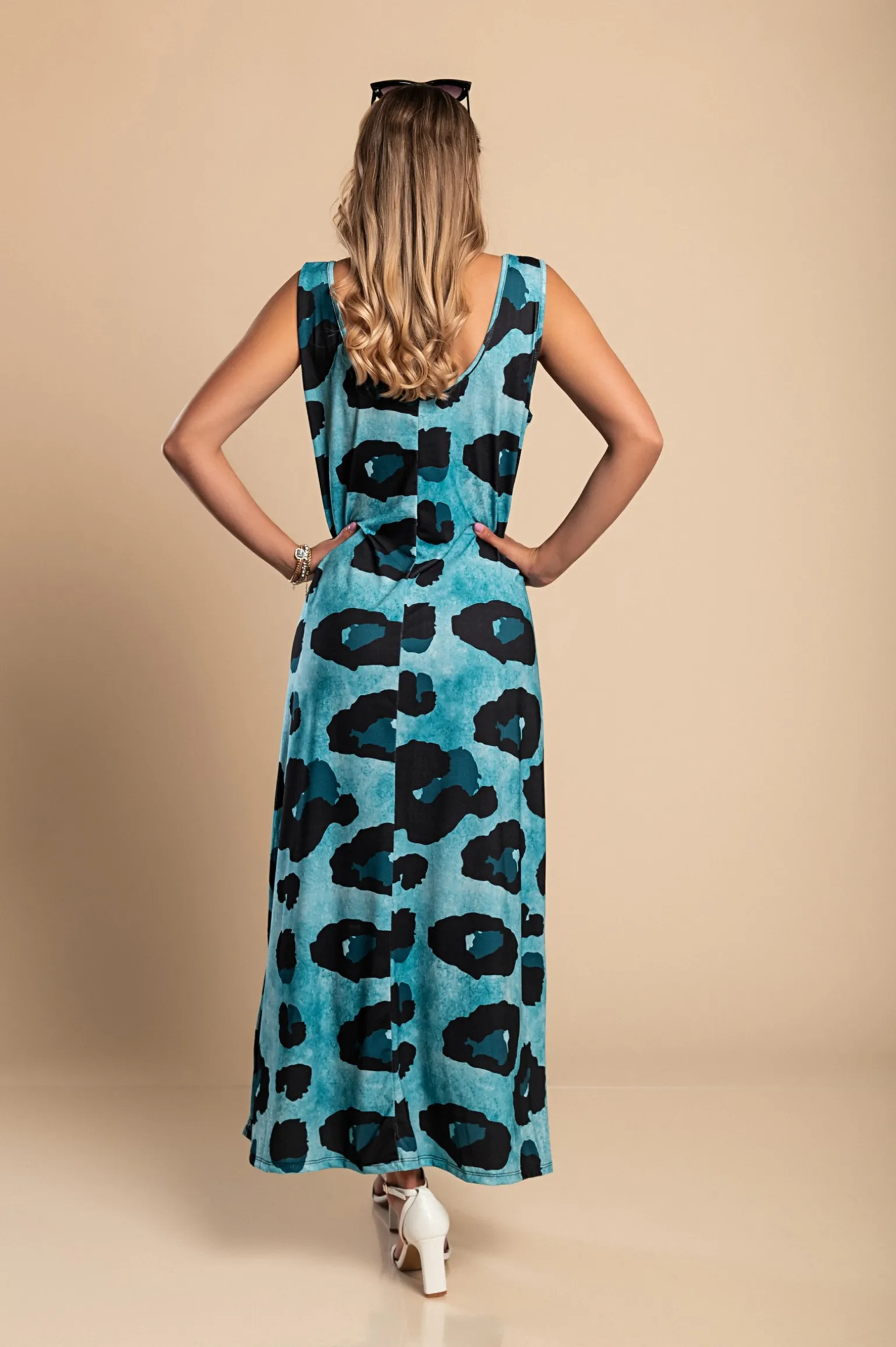 Abito lungo con stampa leopardata, blu