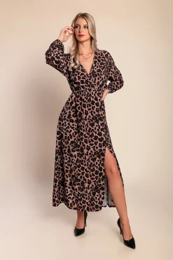 Abito lungo con stampa leopardata, beige