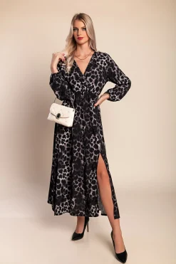 Abito lungo con stampa leopardata, grigio