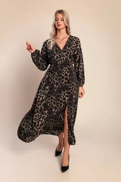 Abito lungo con stampa leopardata, verde oliva