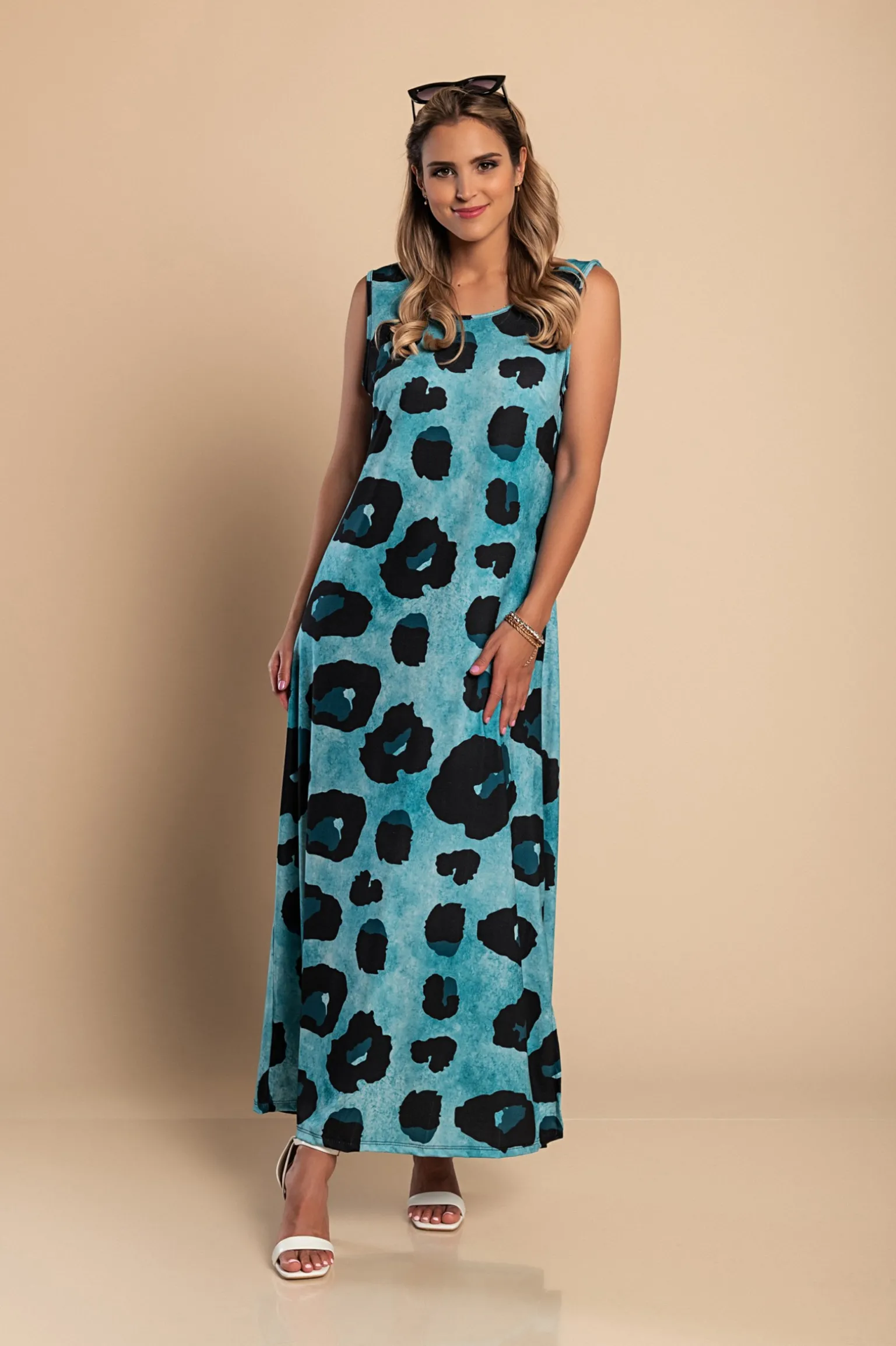 Abito lungo con stampa leopardata, blu