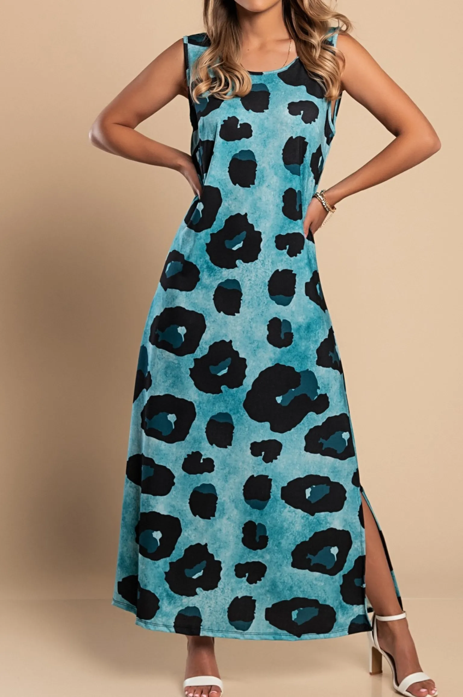 Abito lungo con stampa leopardata, blu