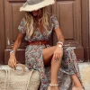 Abito lungo con stampa, marrone