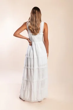 Abito lungo in cotone con pizzo, bianco
