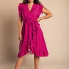 Abito midi a pois con dettagli arricciati, fucsia