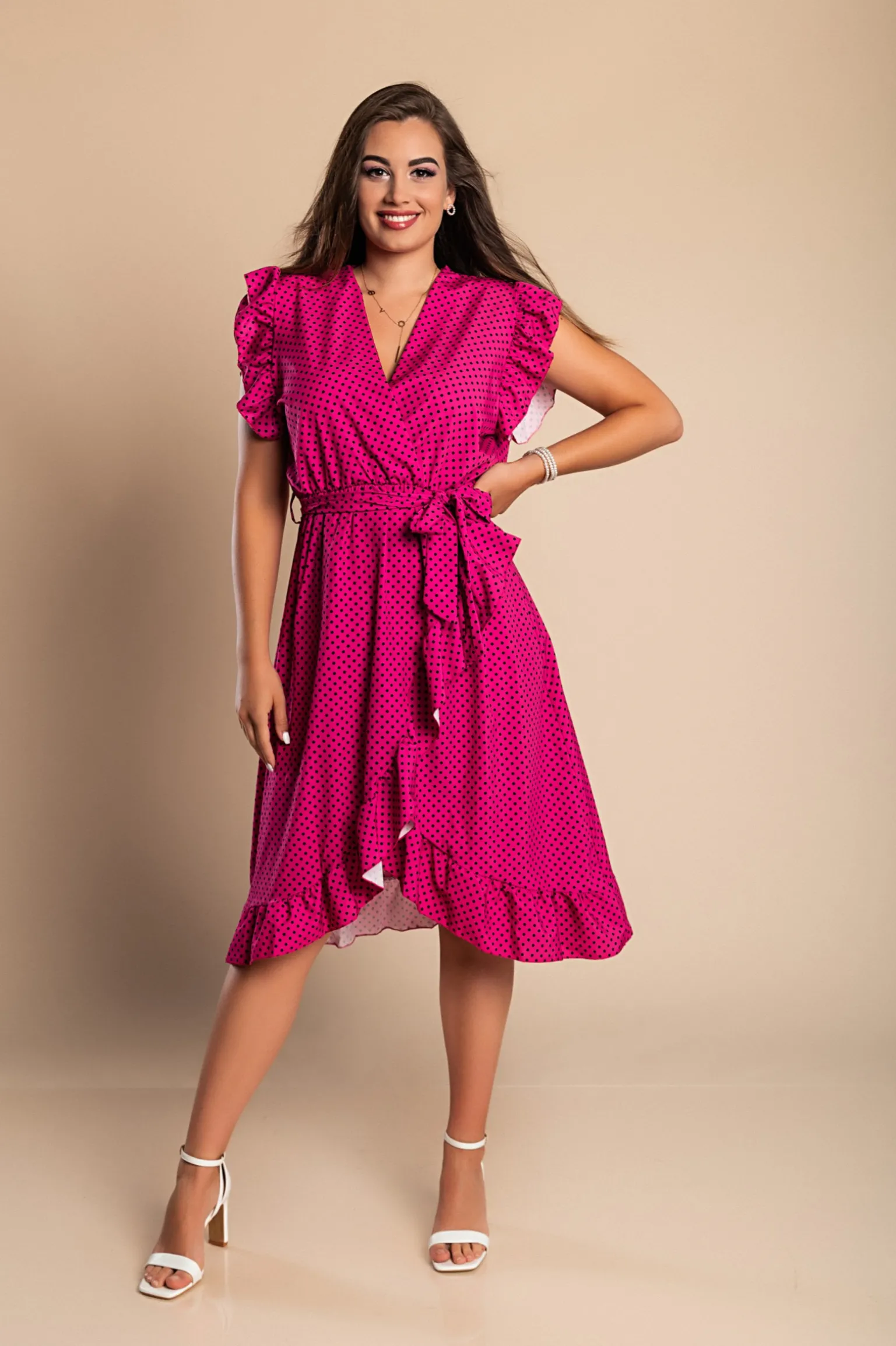 Abito midi a pois con dettagli arricciati, fucsia