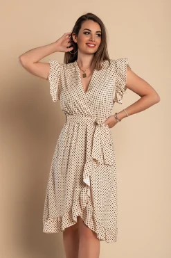 Abito midi a pois con dettagli arricciati, beige