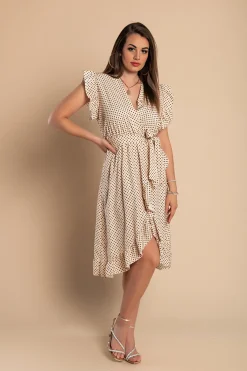 Abito midi a pois con dettagli arricciati, beige