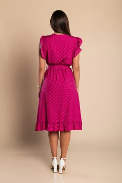 Abito midi a pois con dettagli arricciati, fucsia