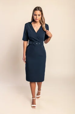 Abito midi con cintura, blu scuro