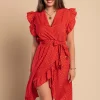 Abito midi con fantasia a pois, rosso