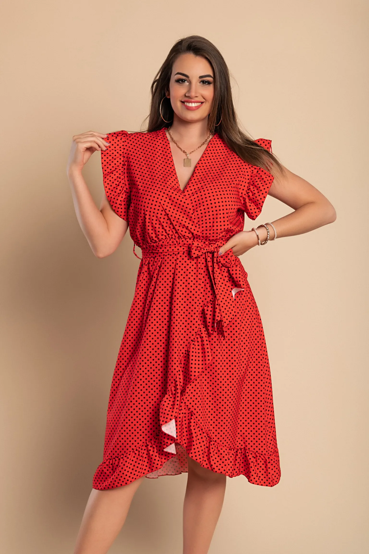 Abito midi con fantasia a pois, rosso