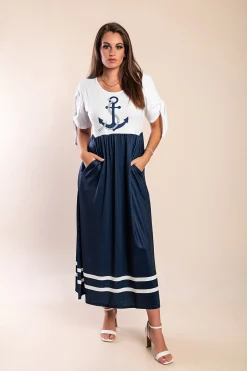 Abito midi con stampa ancora, bianco/blu navy