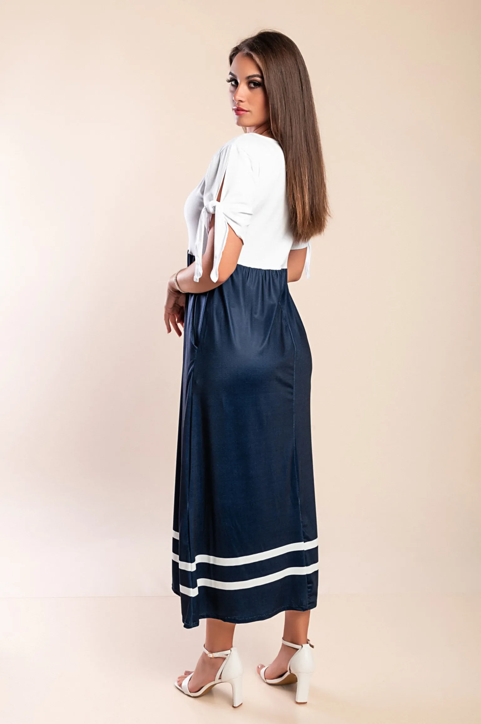 Abito midi con stampa ancora, bianco/blu navy