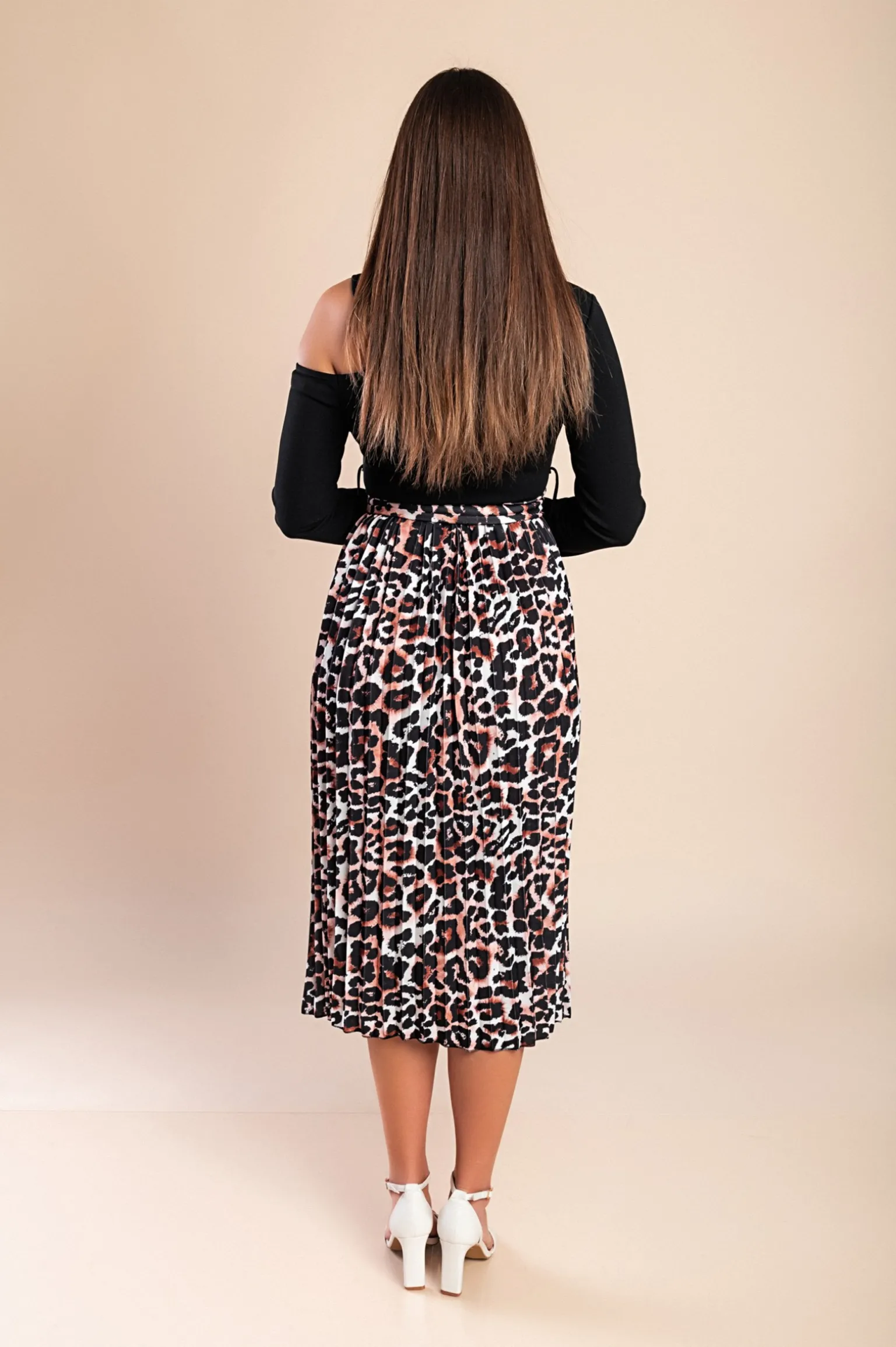 Abito midi con stampa leopardata, nero