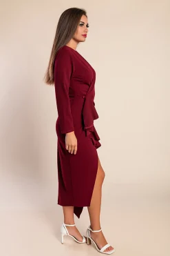 Abito midi elegante Brynlee bordeaux con maniche a 3/4 e volant