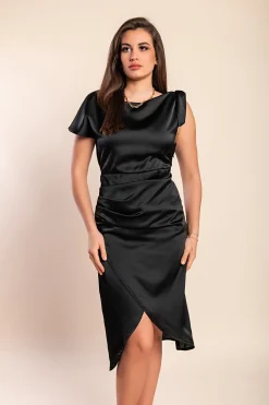 Abito midi elegante con dettagli arricciati, nero