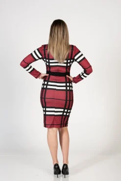 Abito midi elegante con stampa a quadri e scollo a 