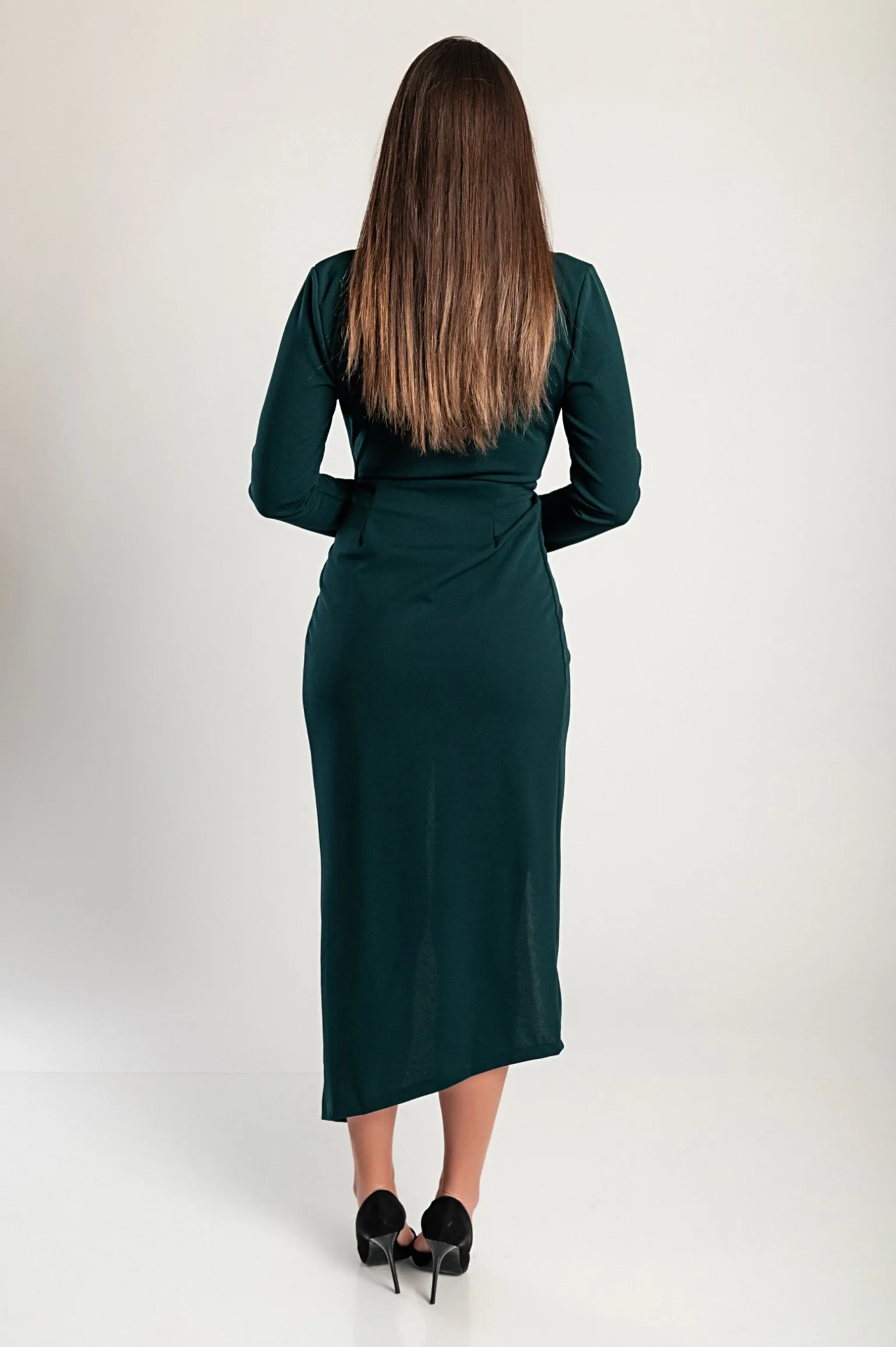 Abito midi elegante con volant e maniche a 3/4 Brynlee, verde scuro