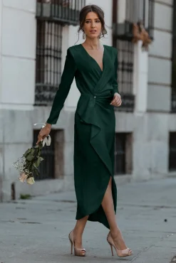 Abito midi elegante con volant e maniche a 3/4 Brynlee, verde scuro