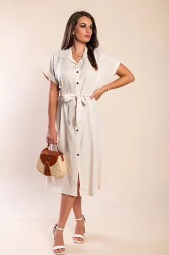 Abito midi in lino con bottoni, beige