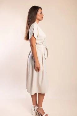 Abito midi in lino con bottoni, beige