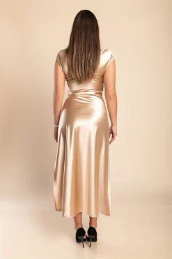 Abito midi in simil raso, beige