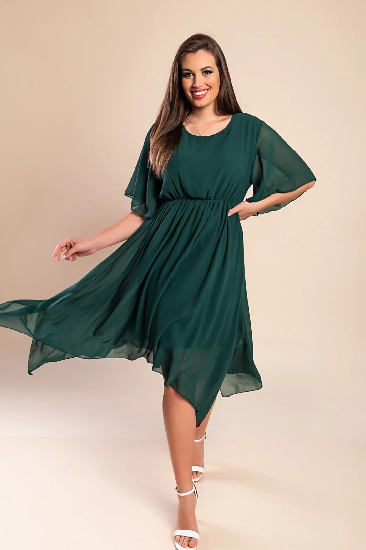 Abito midi lungo asimmetrico, verde scuro