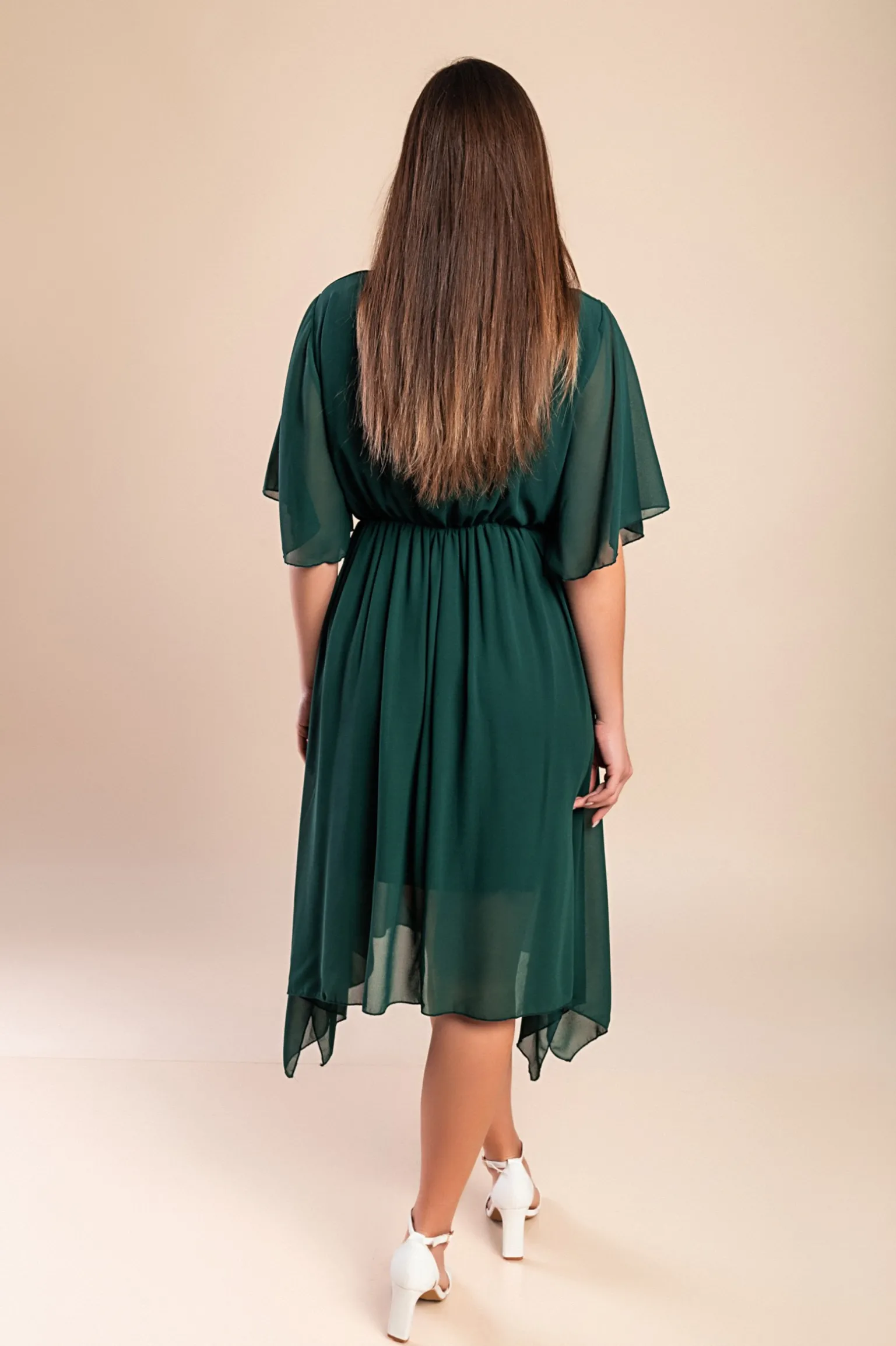 Abito midi lungo asimmetrico, verde scuro