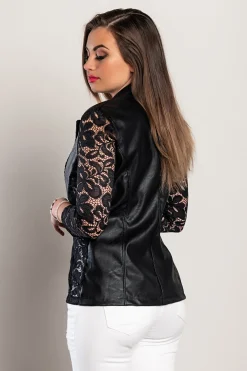 Blazer in ecopelle con inserti in pizzo traslucido Amalfi, nero