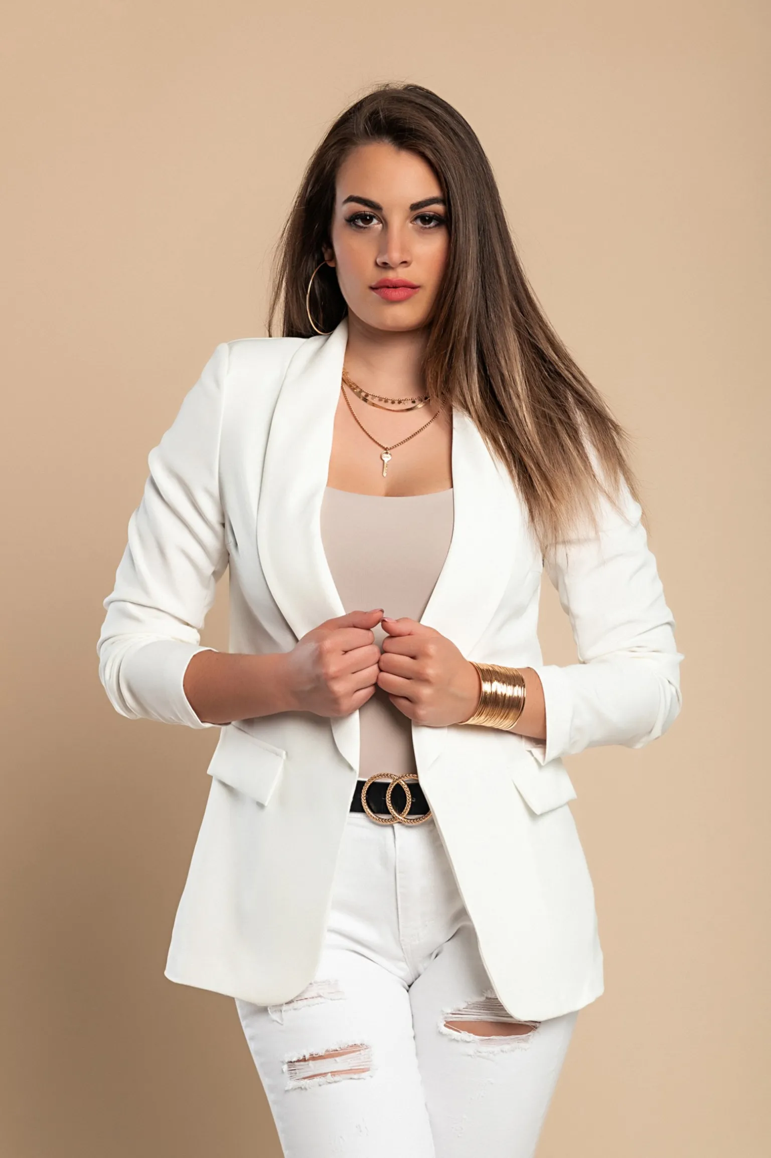 Blazer lungo con scollatura classica Turina, bianco
