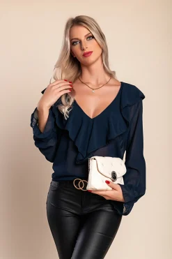 Blusa con balze Marely, blu scuro