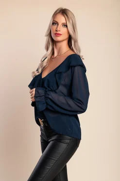 Blusa con balze Marely, blu scuro